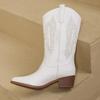 Pointed Solid Color Women's Mid Top Boots, Mid Heel Boots Embroidered Western Cowboy Boots
