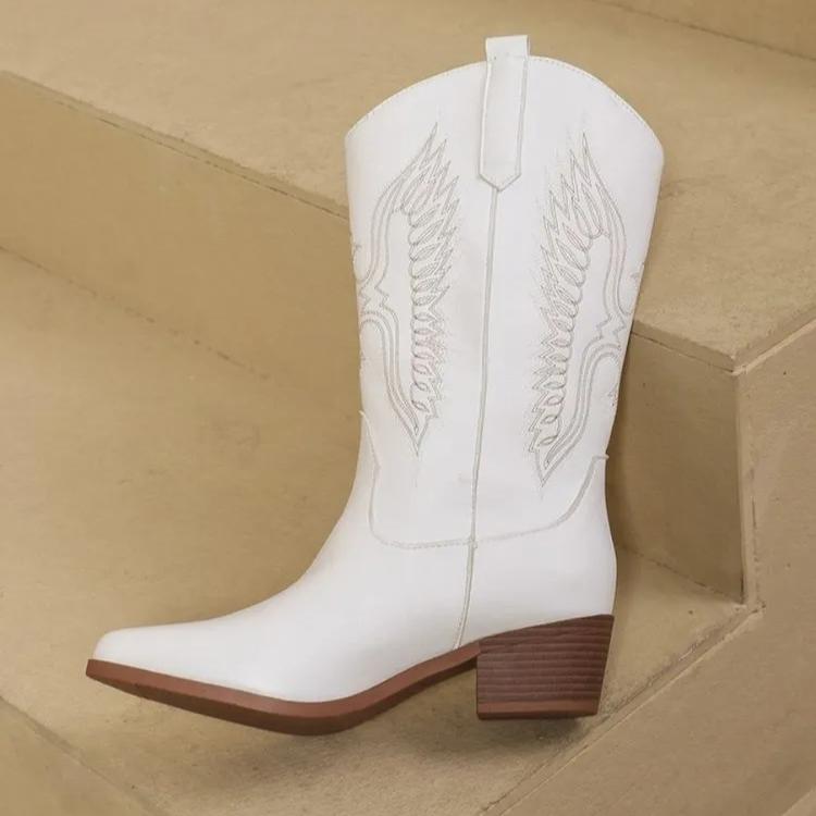 Pointed Solid Color Women's Mid Top Boots, Mid Heel Boots Embroidered Western Cowboy Boots