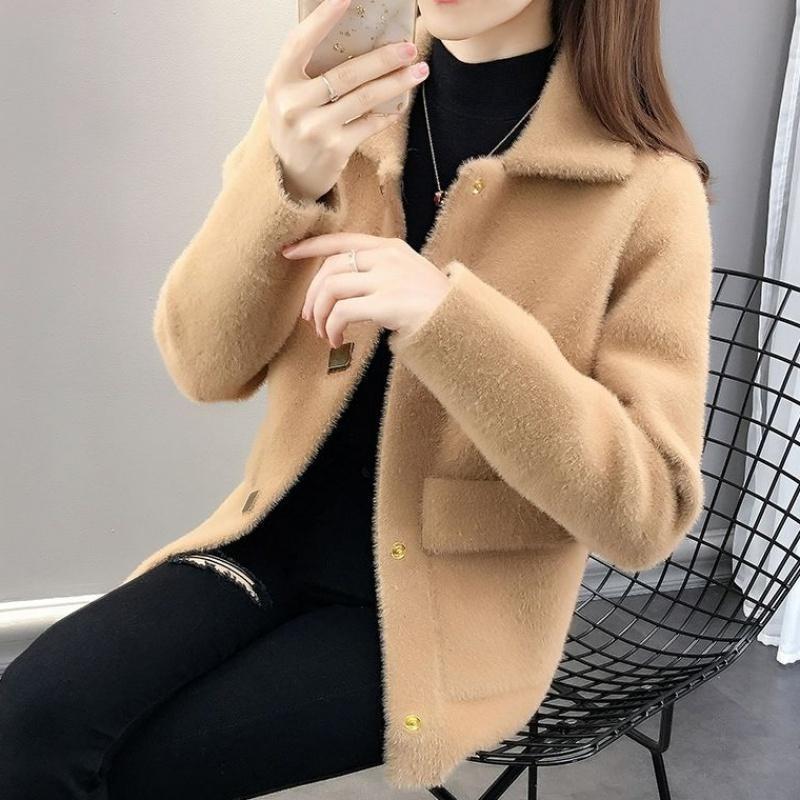 Large size imitation mink velvet spring and autumn new button coat short women's loose sweater women's knitted cardigan