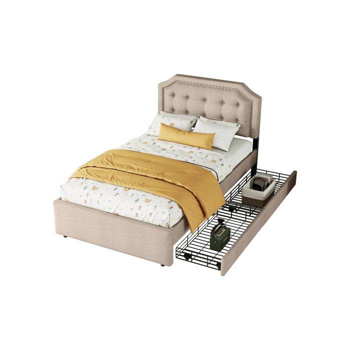 Lit - MUVOE - 90x200 Cm - Beige Foncé - Rembourré Avec Tiroirs - Design Élégant