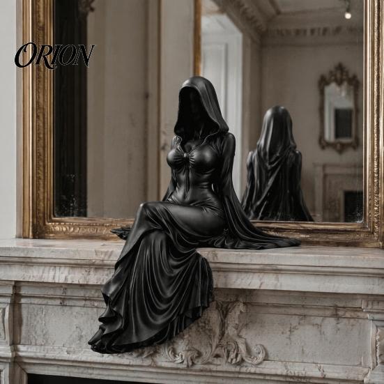 Moderni Ornamenti Statuetta Dea Mietitore Stampa 3D Nero Opaco, Scultura Stile Oscuro, Statua Senza Volto Vestita di Nero Gotica per Scrivania Libreria