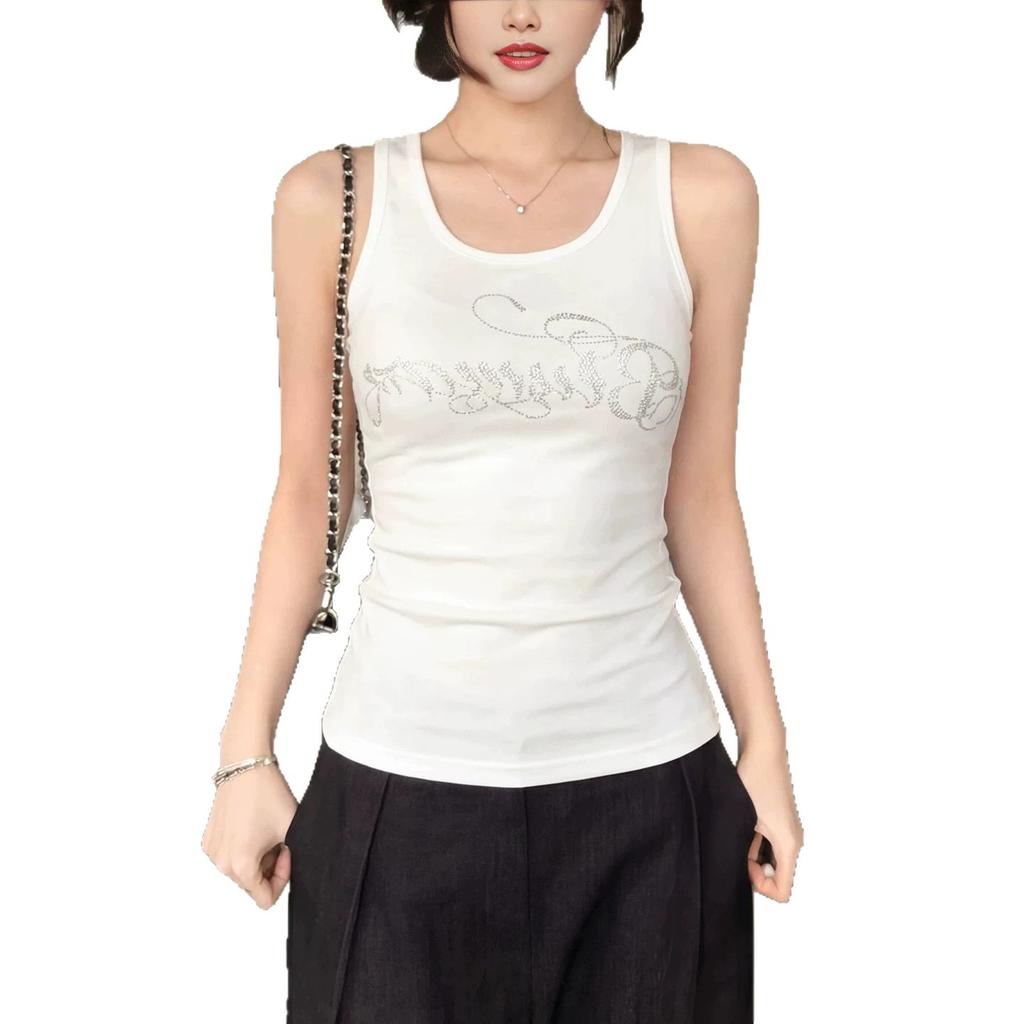 American Hot Diamond Letter Sleeveless I-shaped Vest for Women's Summer Outer Wear, Inner Backing, Slim and Thin Suspender Top