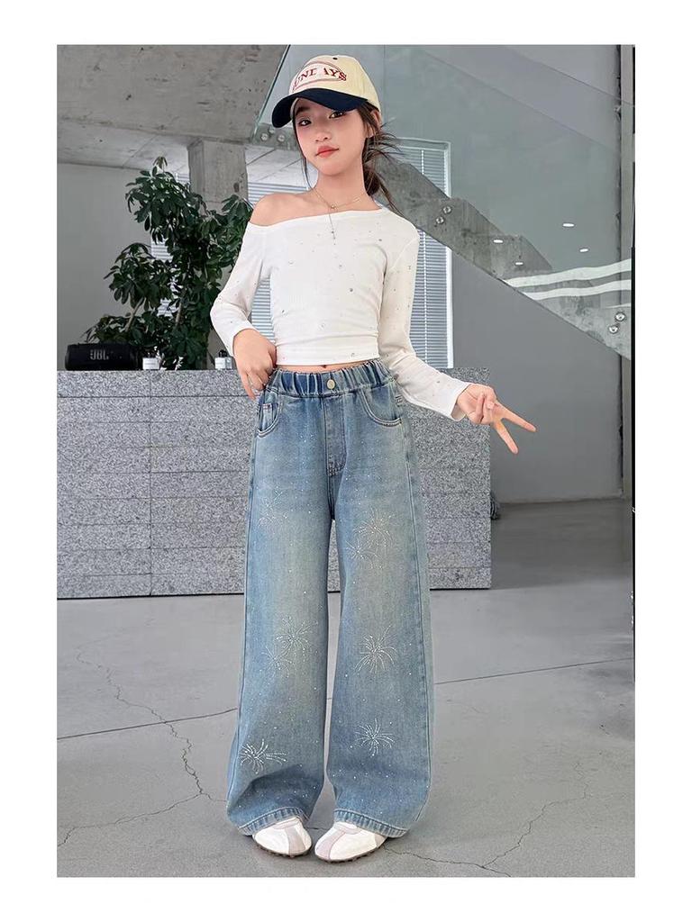 Girls' Rhinestone Straight-Leg Slim Fit Jeans - Spring 2026 Collection for Middle and Big Kids