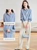 Women's Blue Striped French Vintage Loose Cotton Shirt, Versatile Long Sleeve for Spring & Autumn