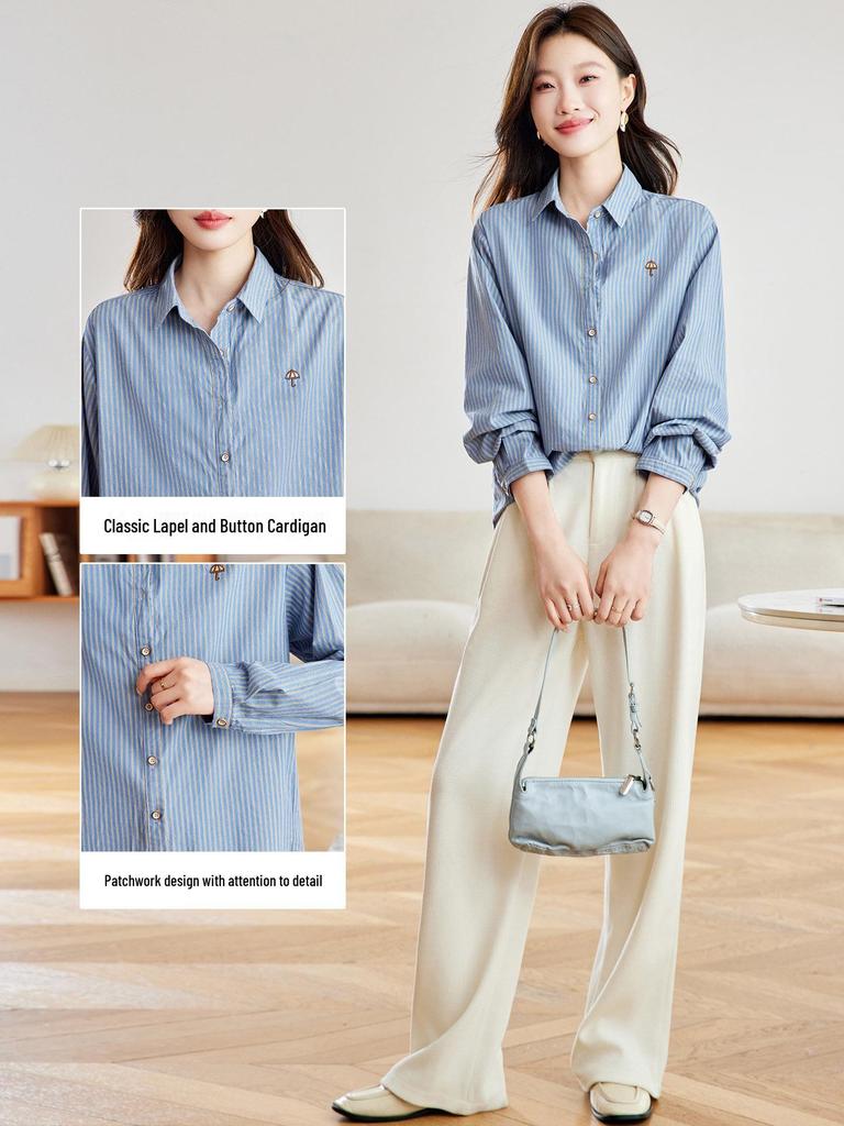Women's Blue Striped French Vintage Loose Cotton Shirt, Versatile Long Sleeve for Spring & Autumn
