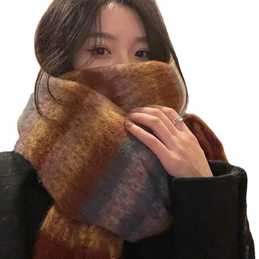 Striped Retro Thick Scarf for Girls in Winter New Korean Style Warm Scarf Versatile Shawl To Protect Against Cold and High End