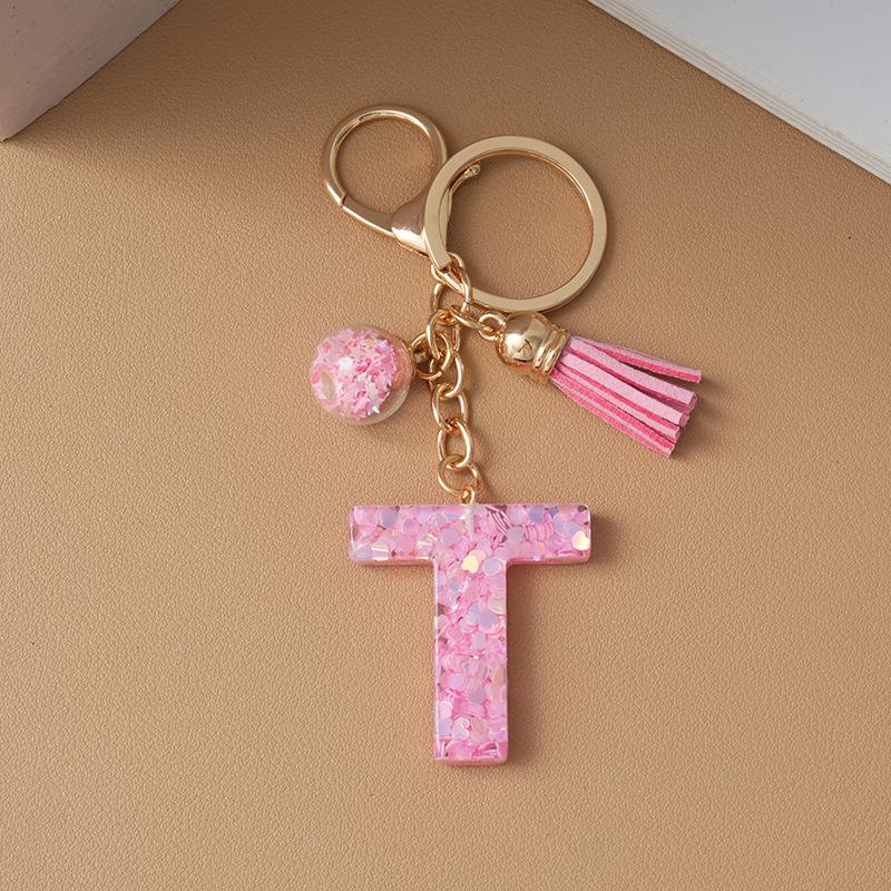 Pink Pompom Letter Keychain English Alphabet Keyring Glitter Gradient Resin Car Mirror Accessory Women Handbag Charms
