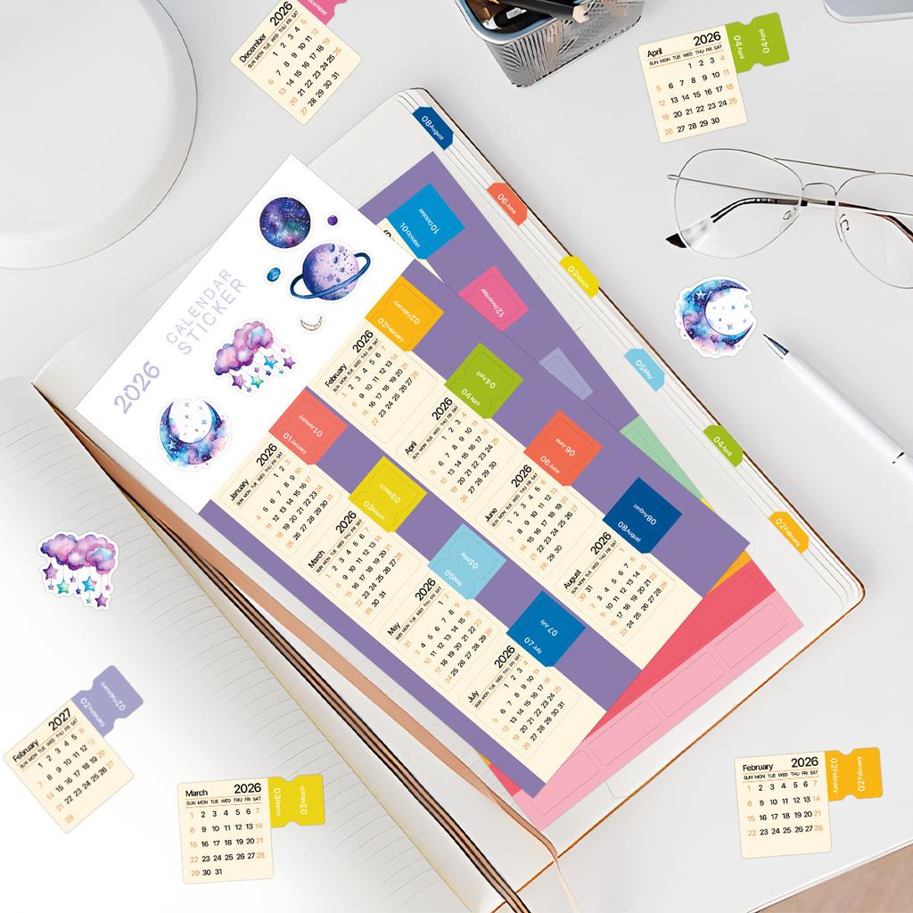 MINKYS 2026 12 Month Candy Color 2pcs/Pack Calendar Sticker Set Decorative Calendar Mark Lable Stationery Supplies