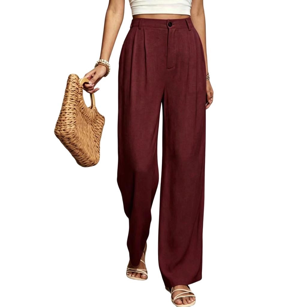 Women's High Waist Wide Leg Trousers Pleated Front Loose Fit Long Pants with Button and Zip Closure for Casual Office Wear