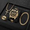 Xiaomi 4PCS Fashion Arabic Dial Men Business Quartz Watch CasuSilicone Strap Wristwatch With Necklace Set Reloj Hombre (Without Box)