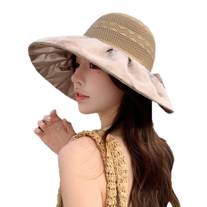 Spring and Summer Grid-like Breathable and Not Stuffy Hat Women's Large Brim Sunshade Sunscreen Hat Fashion Bow Sun Hat