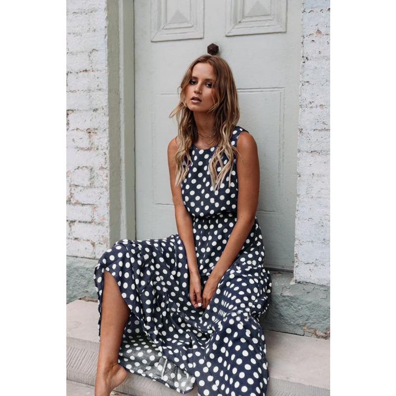 2025 Spring Summer Fashion Printed Polka Dot Women Dress Sleeveless Elegant Loose Round Neck A-line Party Long Dress Versatile Casual Simple Clothing