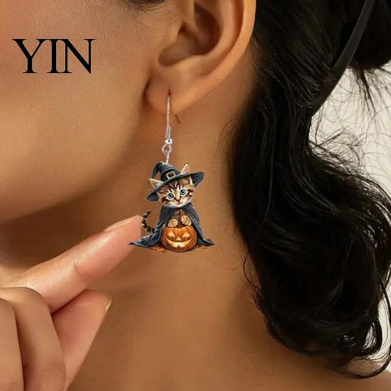 Striped Kitten Earrings 1 Pair Halloween Witch Cat for Women, Acrylic Cute Jewelry Dangle Drop with Pumpkin, Party Costume Accessories Fantasy Themed