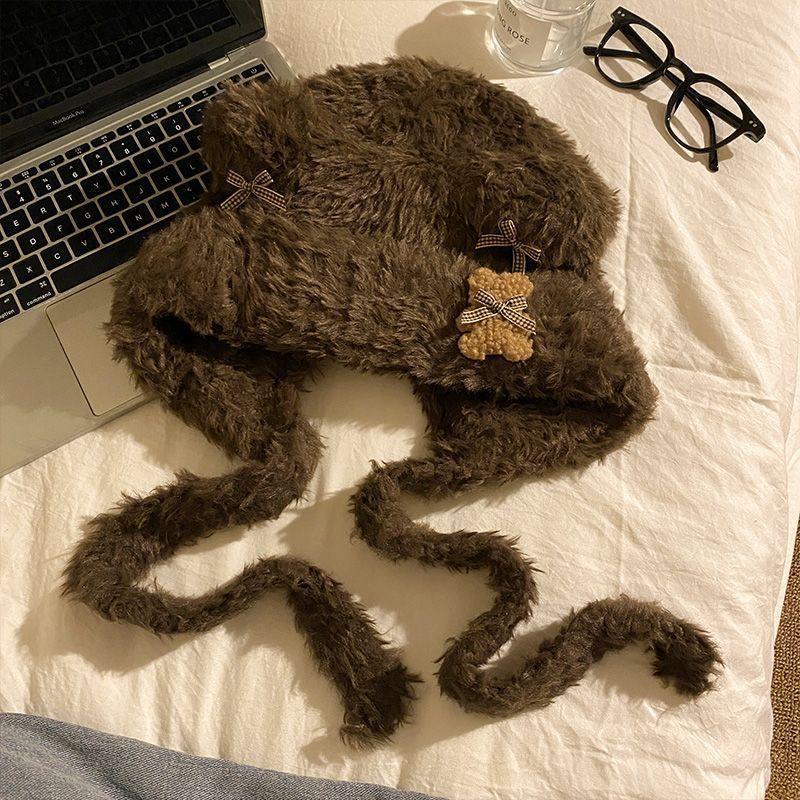 Cute Bear Ear Plush Hat for Women In Autumn and Winter Versatile Warm Pullover Hat Thickened Ear Protection Lei Feng Hat