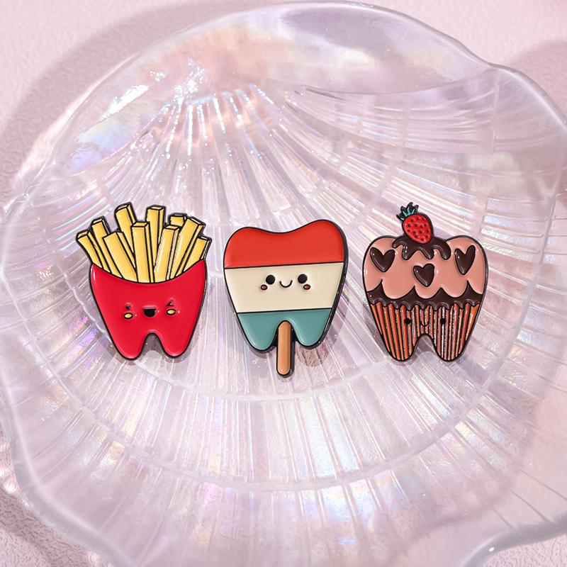 Schützen Sie die Zahngesundheit Emaille-Pins Custom Donut Chip Kuchen Broschen Reversabzeichen Lustiger Schmuck Geschenk für Kinder Freunde