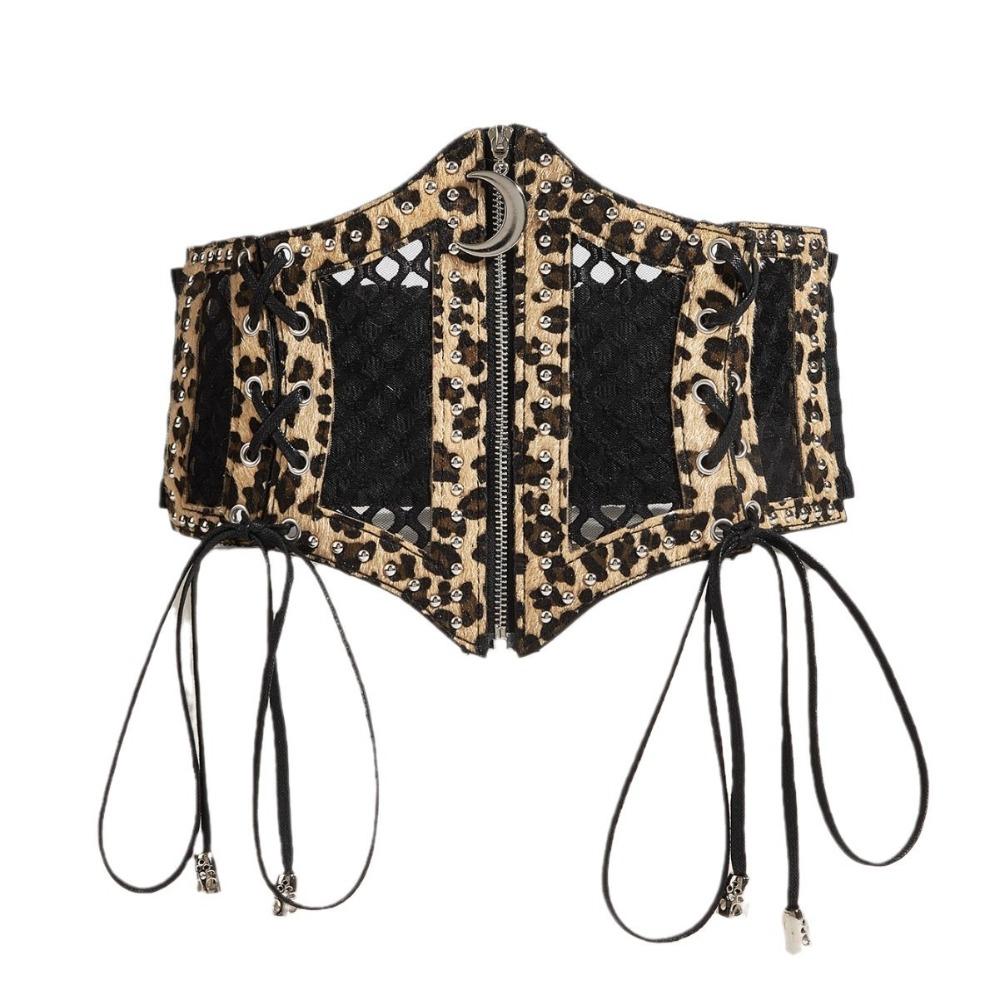 Leopard Print Cummerbund Moon Zipper Pendant Waistband Retro Wide Waist Belt Party Accessory