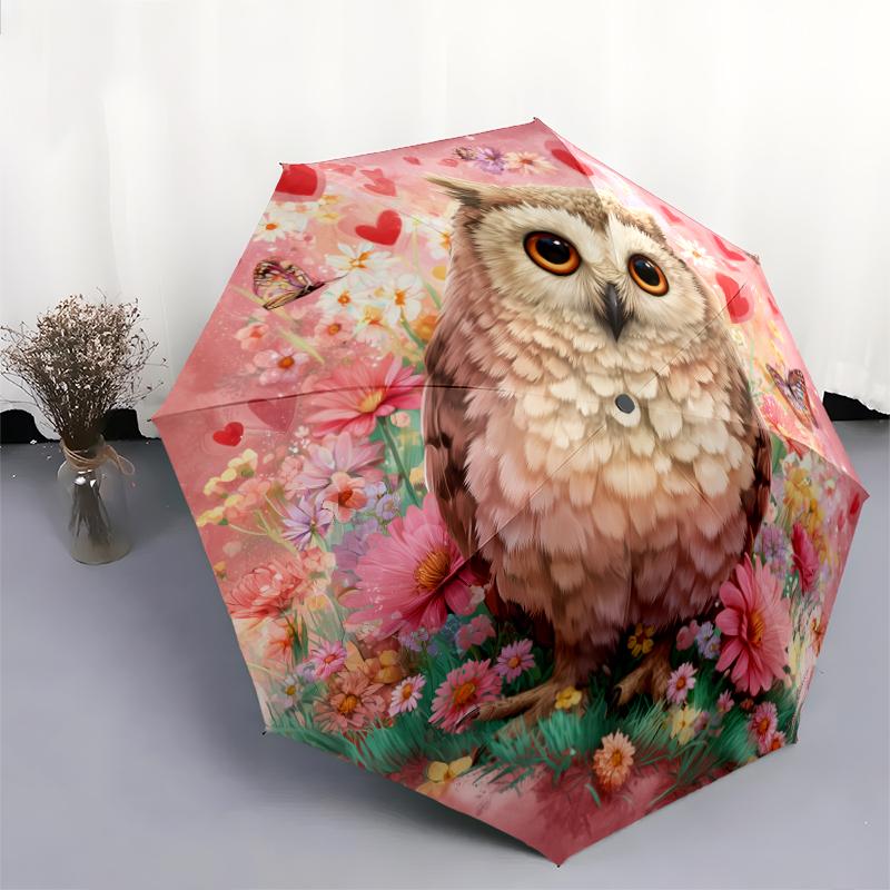 Owl and Flower pattern, automatic folding umbrella, portable and foldable design, 8 ribs, a Christmas or birthday gift.