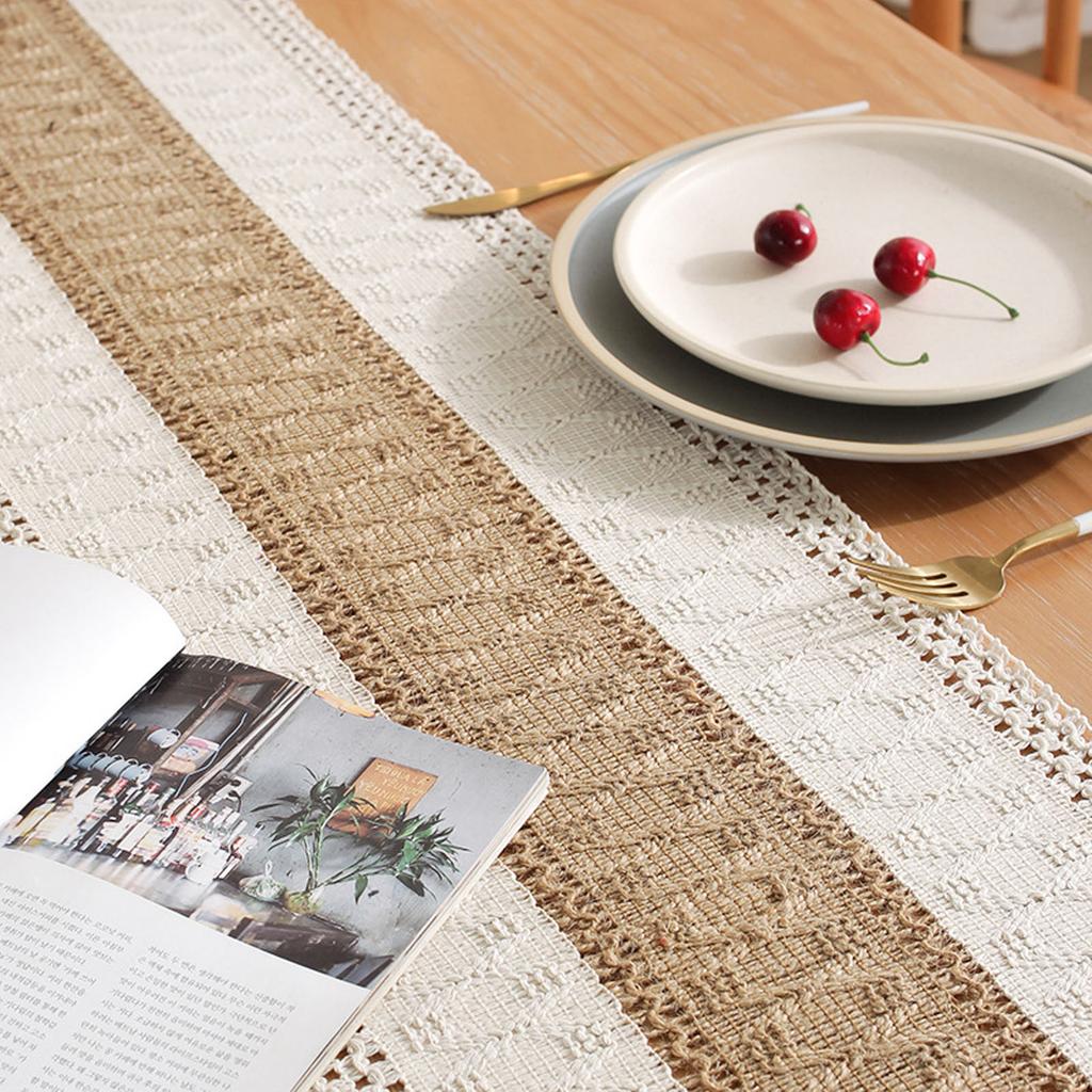 Rustic Table Runner Macrame Table Runner Cotton Desk Decoration for Holiday Party Farmhouse Wedding 180x30cm Coffee