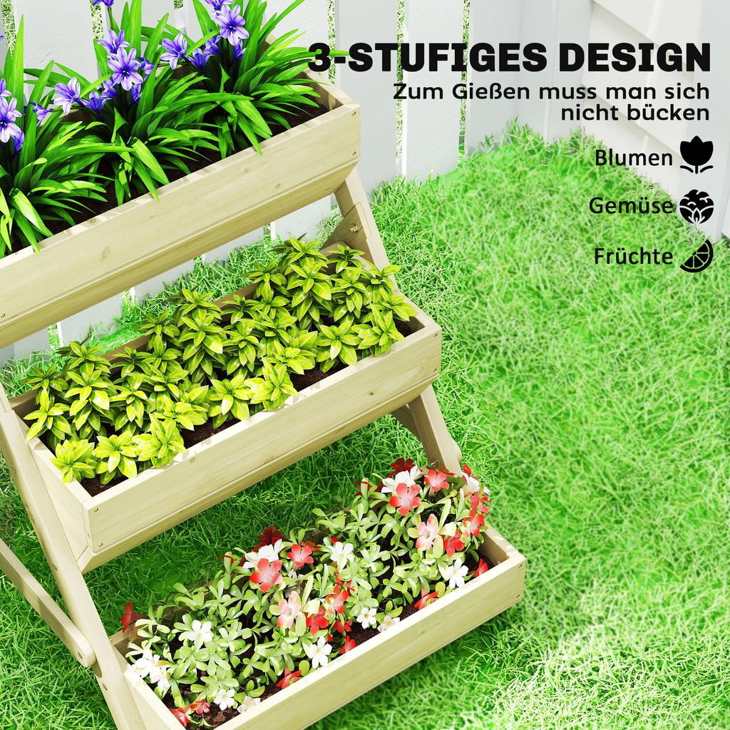 3 Tier Raised Garden Bed Wooden Elevated Planter Box Kit, 66L for Flower, Vegetable, Herb, 65x75x78cm, Green