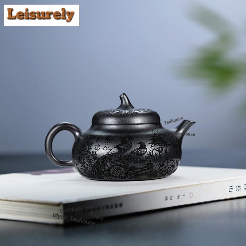 111ml Yixing Purple Clay Teapots Hand-carved Eggplant Pot Raw Ore Stone Yellow Mud Tea Soaking Kettle Chinese Zisha Teaset Gifts