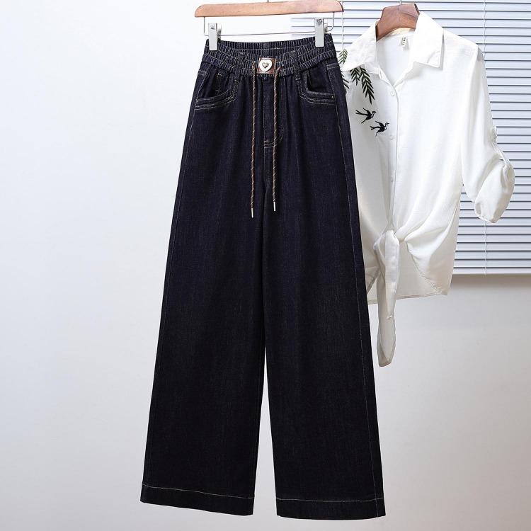 

New Plus Size Women High Waist Elastic Denim Jeans Oversize Blue Wide Leg Trousers Fashion Basic Autumn Pants 5XL 4XL темно-синього кольору