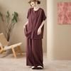 Artistic Summer Cotton Linen Two-Piece Set: Short Sleeve Shirt & Wide Leg Pants