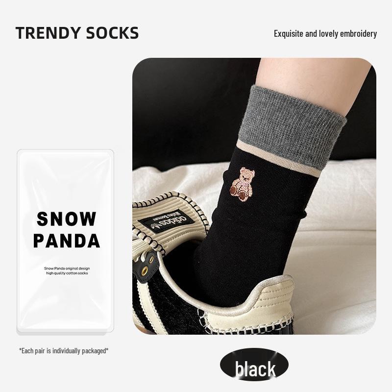 "Polka Dot Cartoon Bear Mid-Calf Women’s Socks - Korean & Japanese Style, Striped Color Block, Perfect for Spring & Autumn”