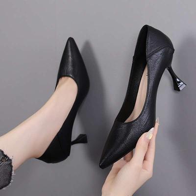 Sapatos de trabalho femininos sola macia preto salto alto salto fino uso profissional bico fino salto baixo couro macio costura sapatos de trabalho confortáveis