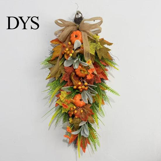 Artificial Holiday Floral Arrangement Artificia Fall Teardrop Swag, Autumn Harvest Sunflowers Pumpkins Leaves Berries Door Ready to Hang Swag Hanging
