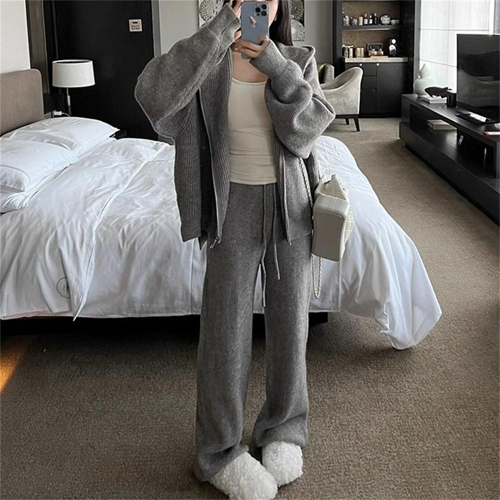 Lazy Style A Complete Set of Knitted Zipper Hooded Cardigan Suit Women's Autumn and Winter Casual Wide-leg Pants Two-piece Suit