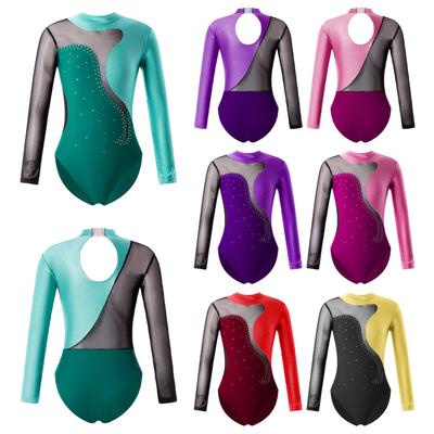 Kinder Mädchen Runde Kragen Langarm Glänzenden Strass Dekor Hohl Zurück Ballett Tanzen Trikot Eislaufen Overall