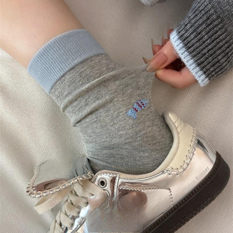 Color-blocking Cartoon Embroidered Socks, Women's Mid-calf Socks, Small Animal Color-blocking, Trendy and Individualistic Pure Cotton Long Socks
