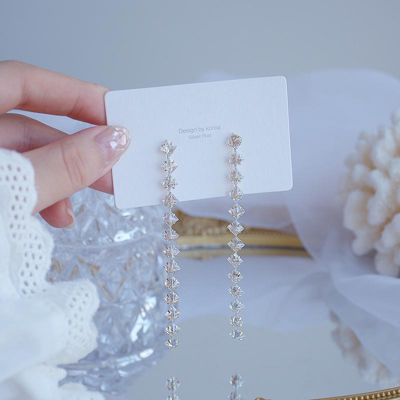Korean Fashion Jewelry 14K Real Gold Plated Copper Inlaid AAA Zircon Earrings Luxury Long Shiny Wedding Prom Earrings