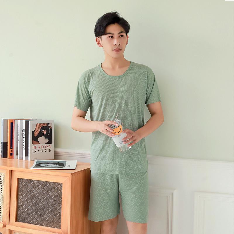 Men's Ice Silk Short Sleeve Pajama Set with Round Neck, Ribbed Shorts, and Versatile T-shirt for Indoors and Outdoors