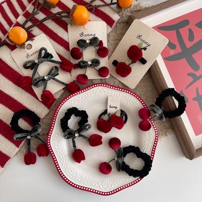 Velvet Scrunchies Elastic Hair Band Burgundy Cherry Fruit Hair Rope Tie Ponytail Holder Rubber Band Hair Accessories Headdress