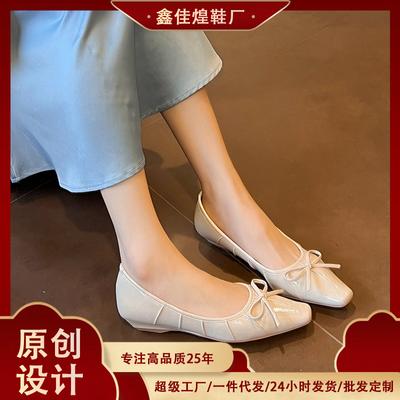 3189-6 Pleated Design Sense~ Slope Heel Small Bow Japanese Temperament Flat Shoes Small Square Head Single Shoes Spring and Autumn