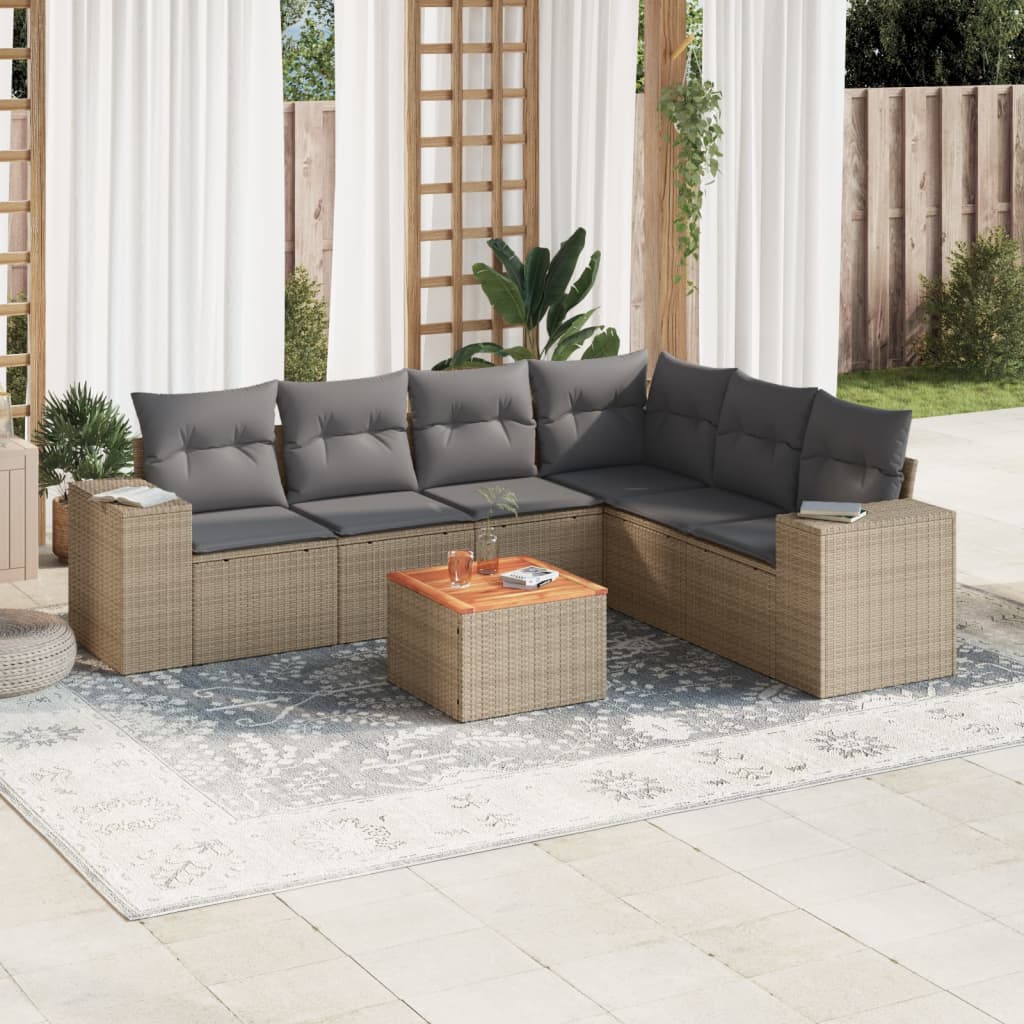7-teiliges Gartensofa-Set mit Kissen Beige Poly-Rattan