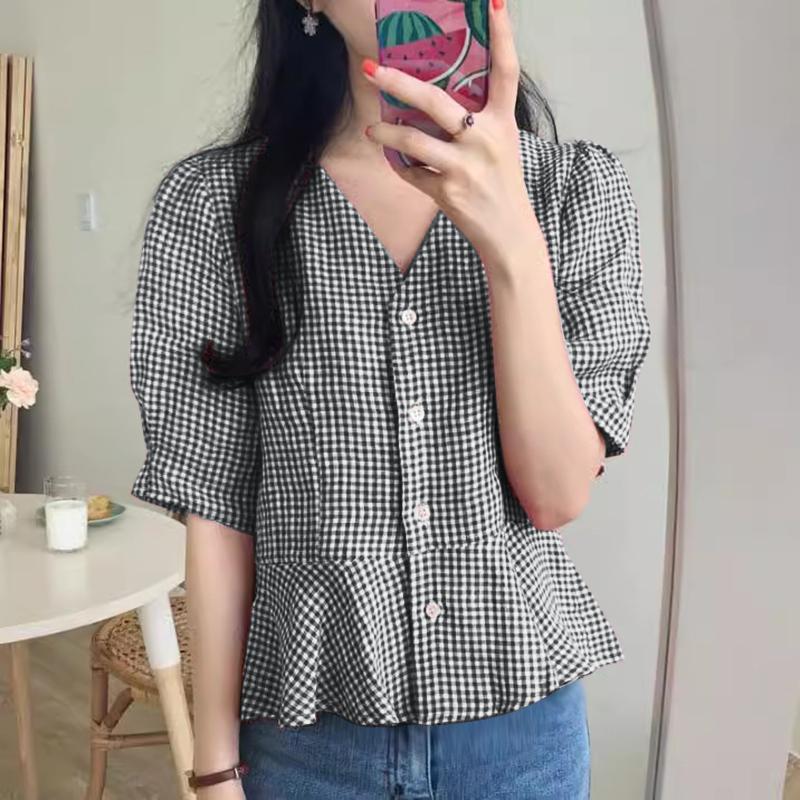 

ZANZEA Женская повседневная блузка в клетку с V-образным вырезом и коротким рукавом для лета S чёрный