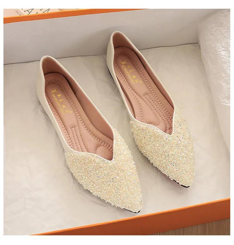 Designer New Women Flat Shoes Bling Slip-on Loafers Pointed Toe Casual Boat Shoes