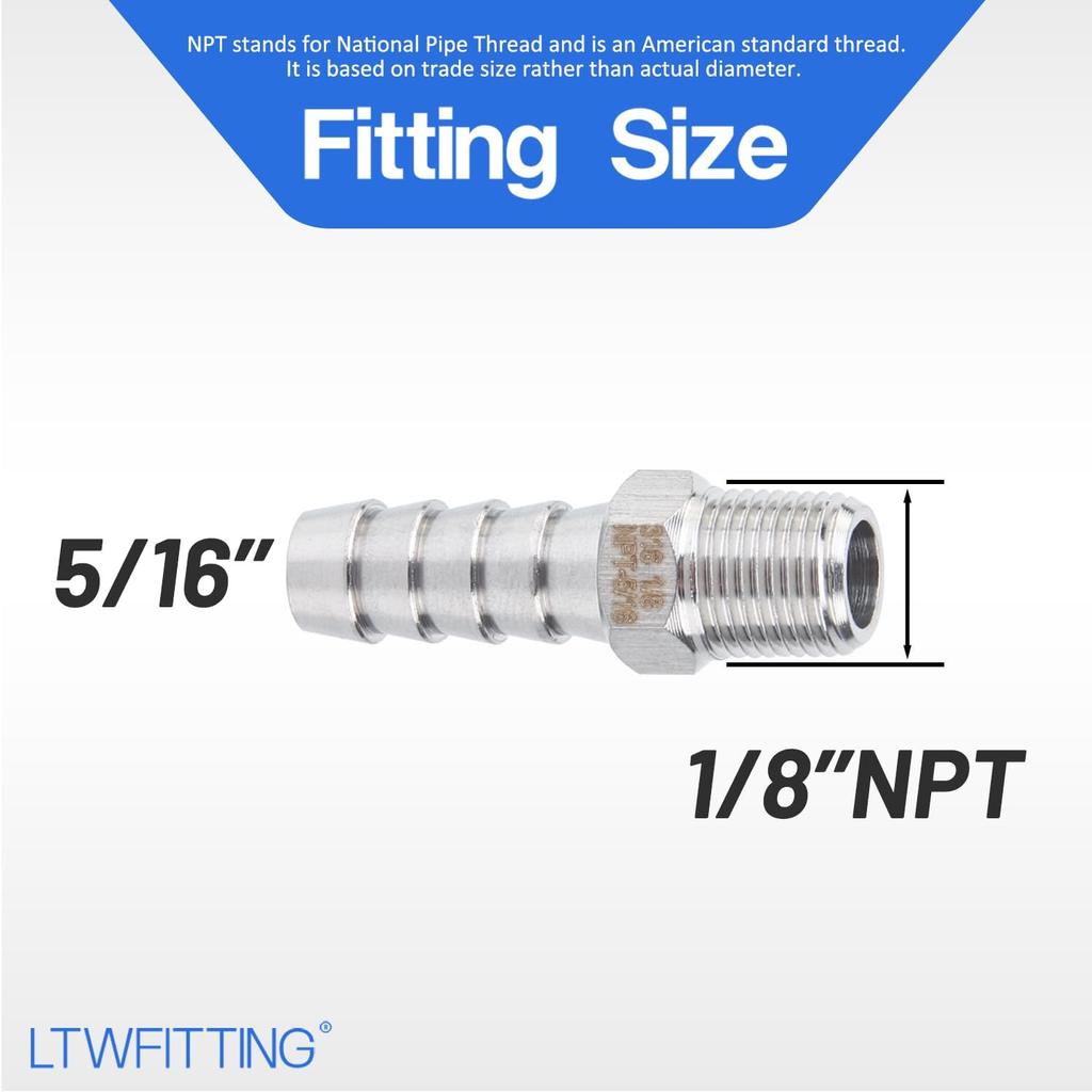 LTWFITTING Bar Production Stainless Steel 316 Barb Fitting Coupler/Connector 5/16" Hose ID X 1/8" Male NPT Air Fuel Water (Pack of 25)