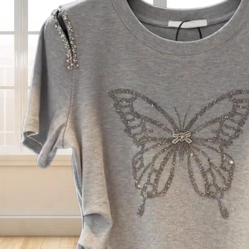 Summer Round Neck Butterfly Diamond Short-sleeved T-shirt Women's Fashion Top Women