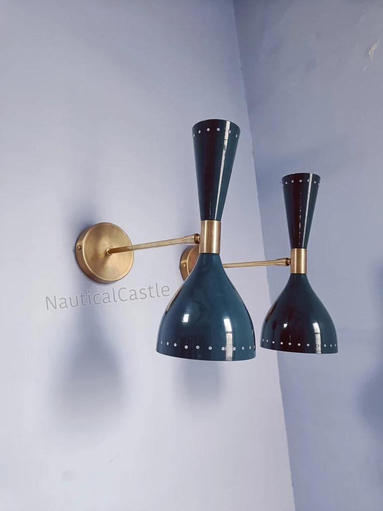 Blue Brass Wall Sconce Pair: Mid Century Italian Diabolo Light