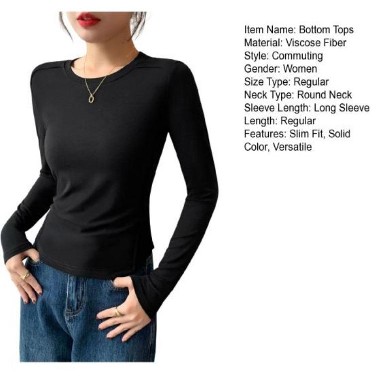 Soft Elastic Pullover Tops Women Long Sleeve Round Neck Slim Fit Base Shirt Solid Color Daily Wear Tops