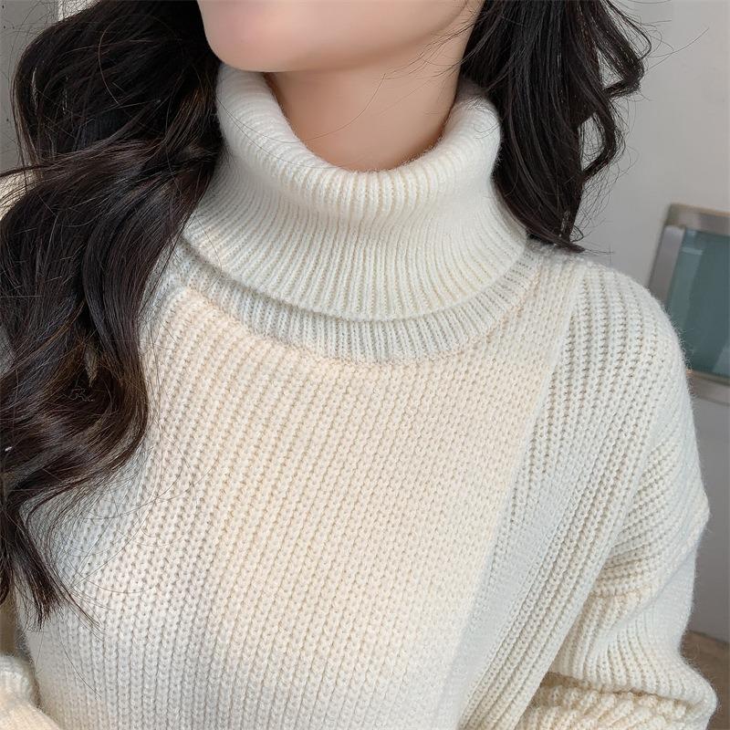 Neu im Herbst Winter Damen Strickpullover Lange Kleider Hochgeschlossenes, geteiltes, lockeres Pulloverkleid Lässiger Temperamentpullover mit Kleidung der unteren Schicht