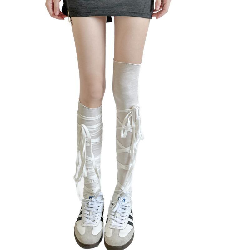 Korean Casual Balletcore Sock for Girl Sheer White Knee-High Stockings Adjustable Ribbon Bow Ties Romantic Bow Accent Legwear