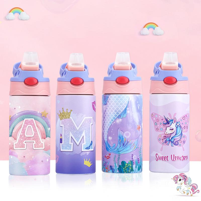 360ML Einhorn Kinder Wasserflasche Edelstahl Thermosflasche für Kinder Vakuumflaschen Thermobecher Kinderbecher mit Strohhalm