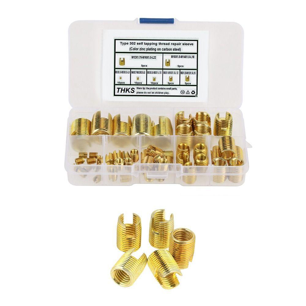 50pcs Gold Self Tapping Inserts M3-M12 Brass Slotted Thread Inserts Threaded Inserts Kit  Tool Set