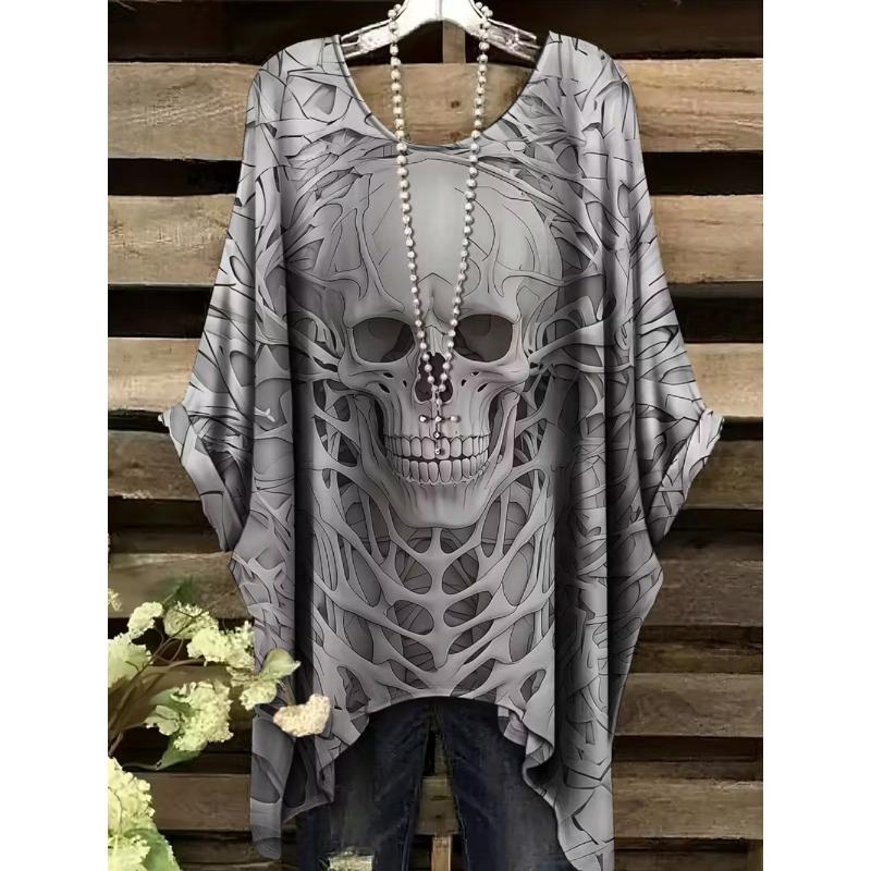 Camiseta para Mujer Estilo Gótico Bohemia Estampado de Calavera Dobladillo Irregular Holgada Cuello Redondo Manga Corta Oversize Y2k