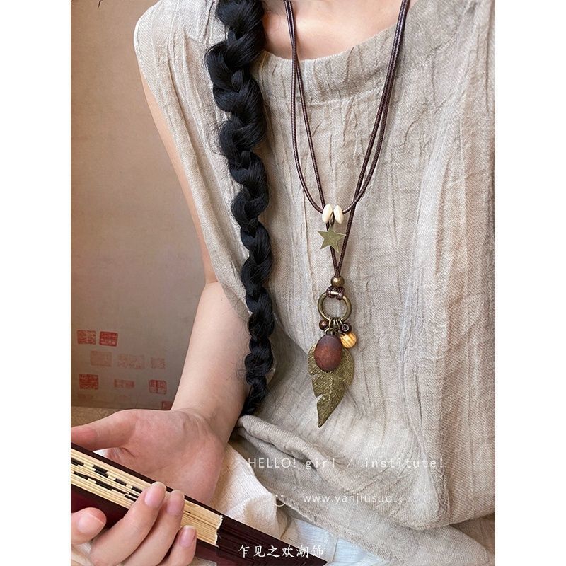 Feather Necklace Female Bohemian Ethnic Style Double Stacked Long Sweater Chain Accessories
