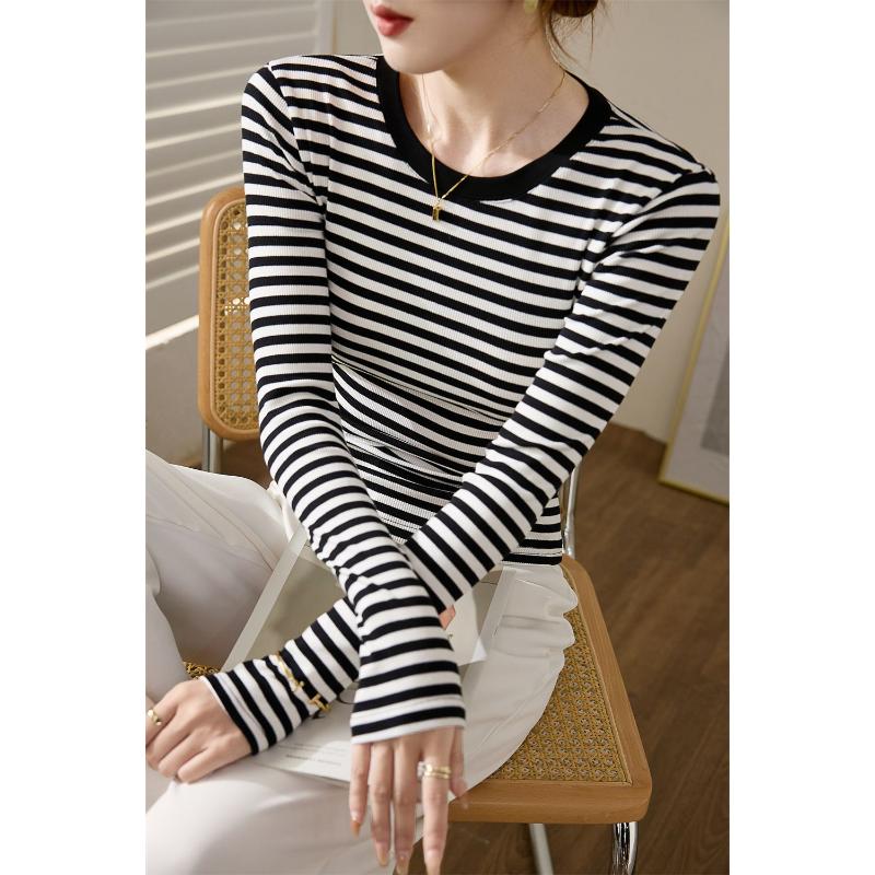 Pure Cotton Black White Striped T-shirt Women's Autumn Autumn Autumn Slim Tops Long-sleeved Bottoming Shirt